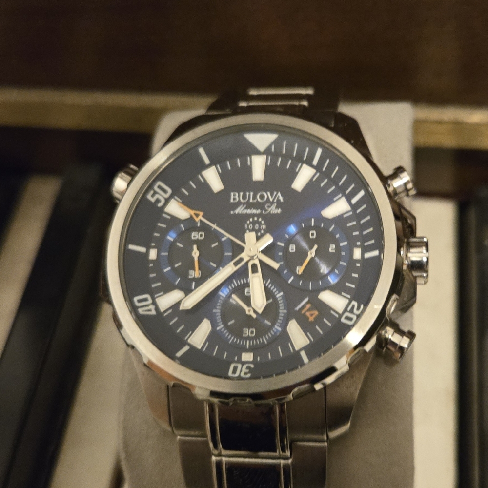 Bulova Marin Star Silver and Blue Chronograph Watch Only $315
